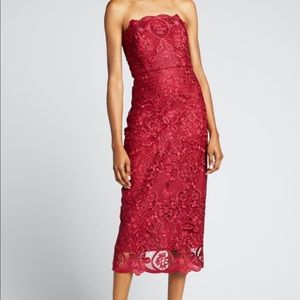 Badgley Mischka Collection- Strapless Guipure Lace Midi Dress